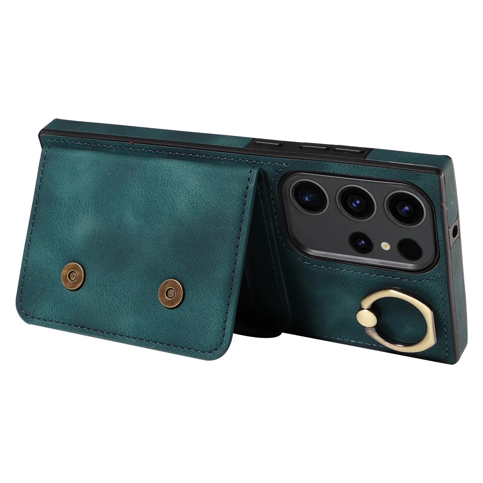 001 For Samsung Galaxy S23 Ultra PU Leather TPU Card Holder Phone Case Ring Kickstand Skin-touch Cover