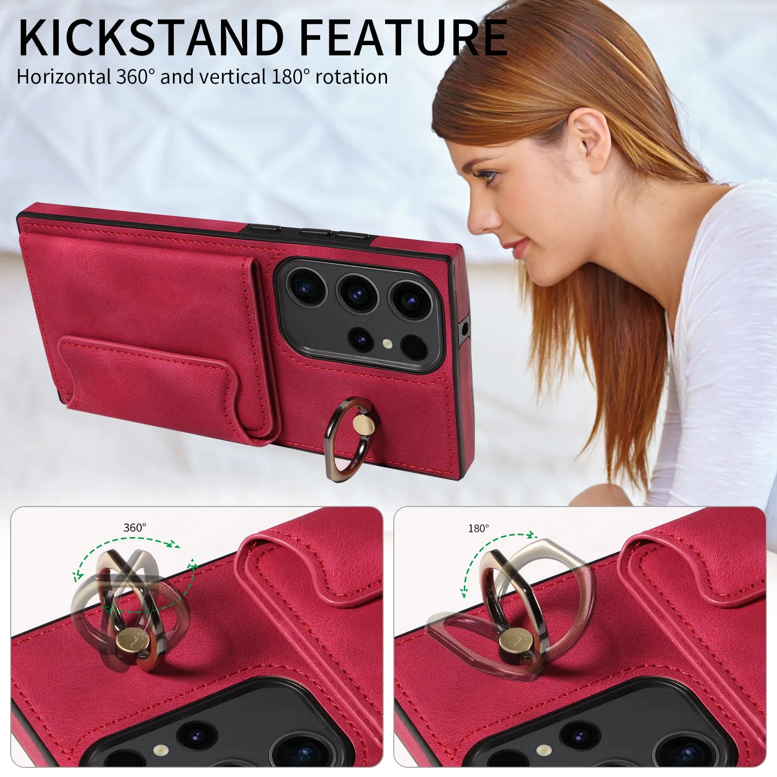 001 For Samsung Galaxy S23 Ultra PU Leather TPU Card Holder Phone Case Ring Kickstand Skin-touch Cover