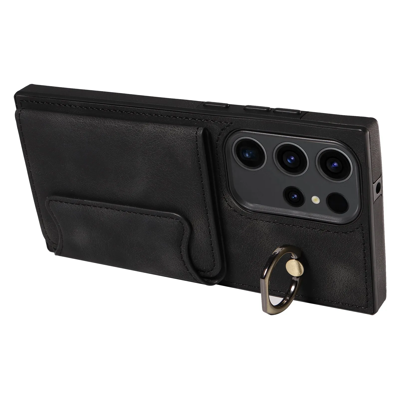 001 For Samsung Galaxy S23 Ultra PU Leather TPU Card Holder Phone Case Ring Kickstand Skin-touch Cover