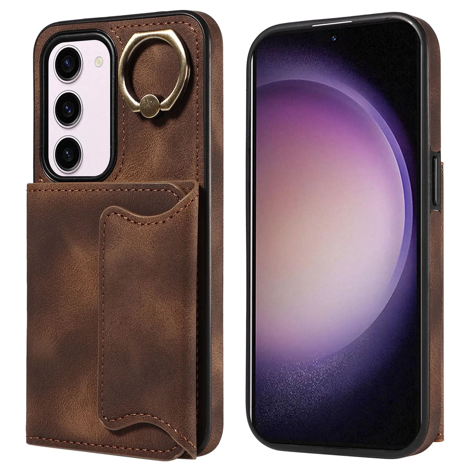 001 PU Leather TPU Back Cover for Samsung Galaxy S23 Ring Kickstand Phone Case with Card Holder