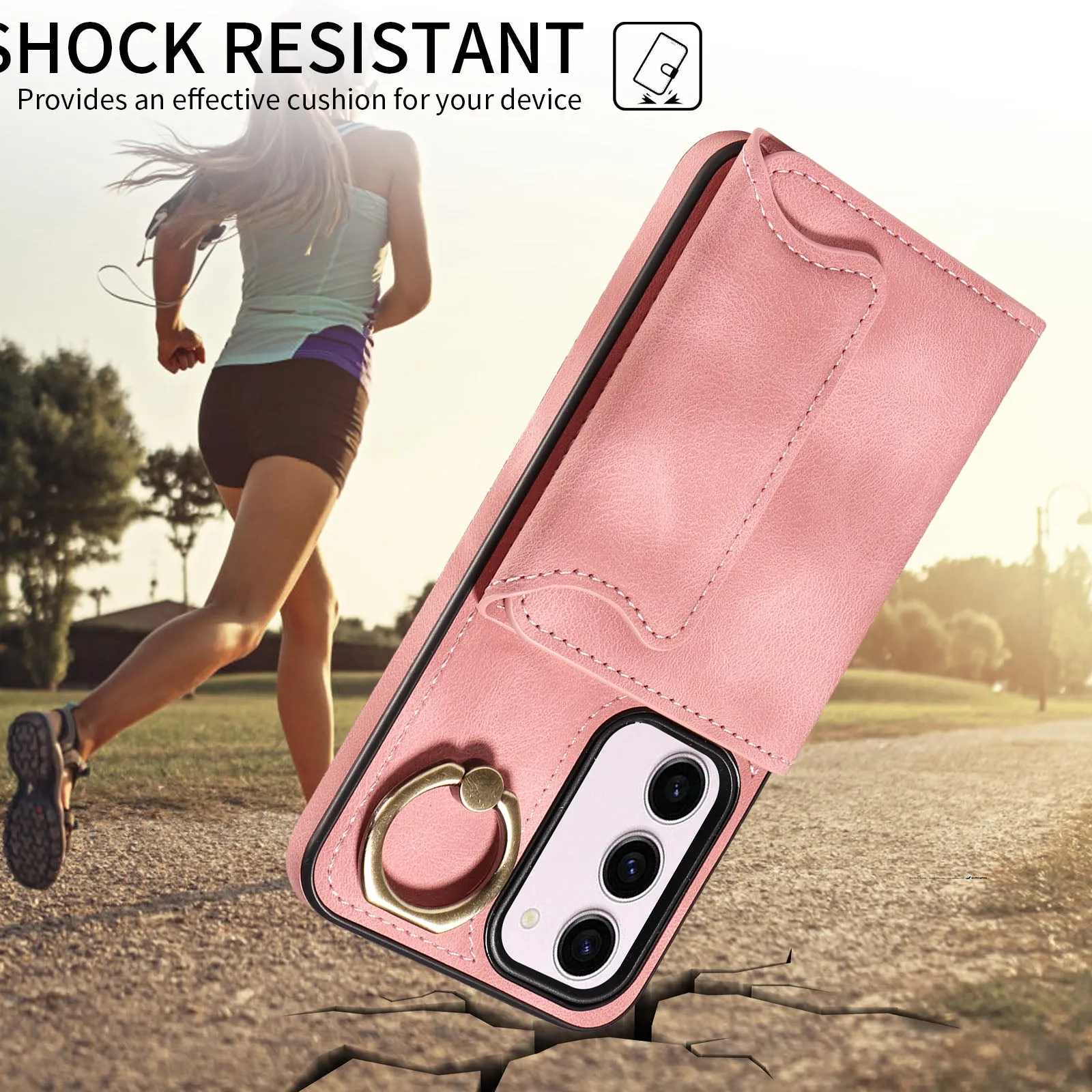 001 PU Leather TPU Back Cover for Samsung Galaxy S23 Ring Kickstand Phone Case with Card Holder