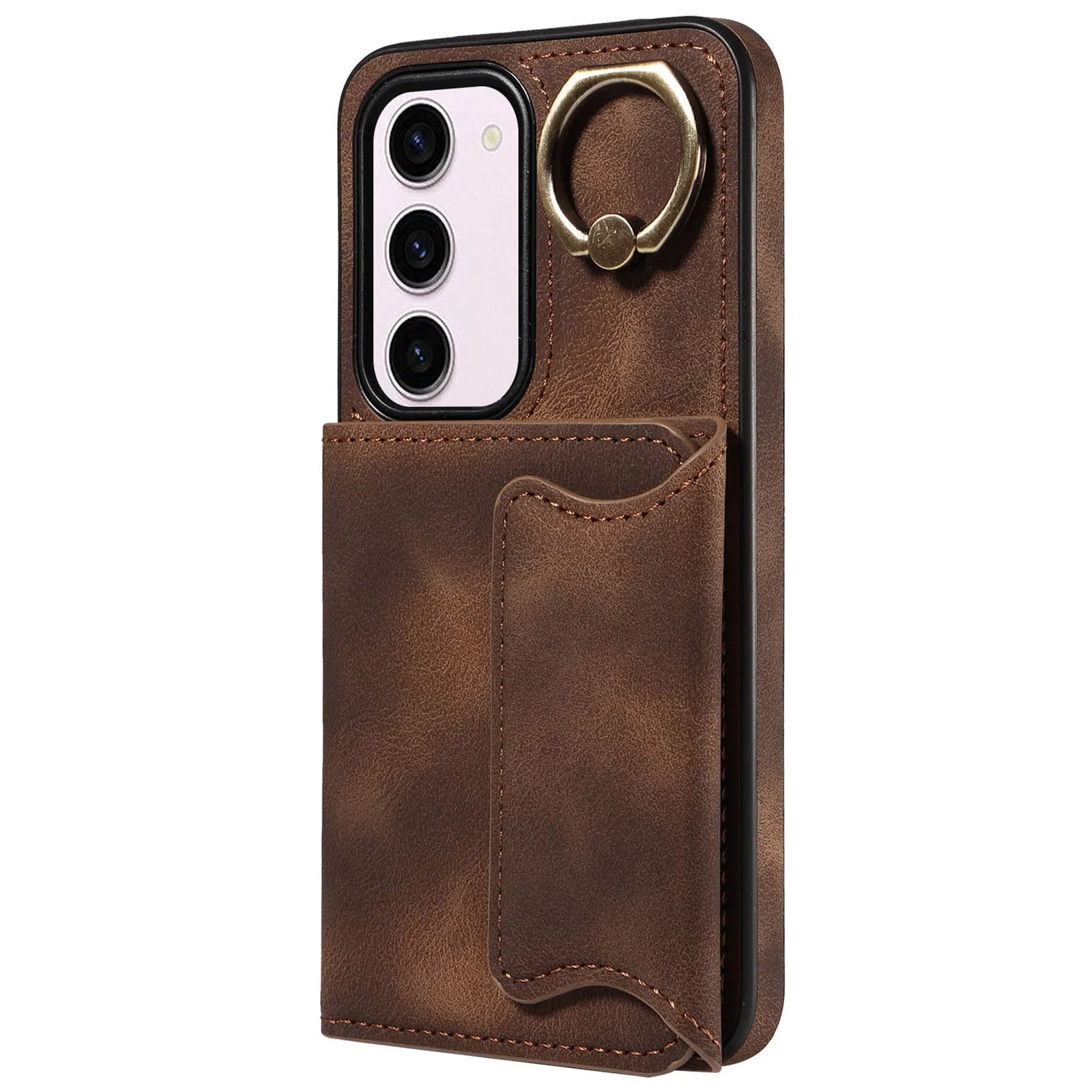 001 PU Leather TPU Back Cover for Samsung Galaxy S23 Ring Kickstand Phone Case with Card Holder