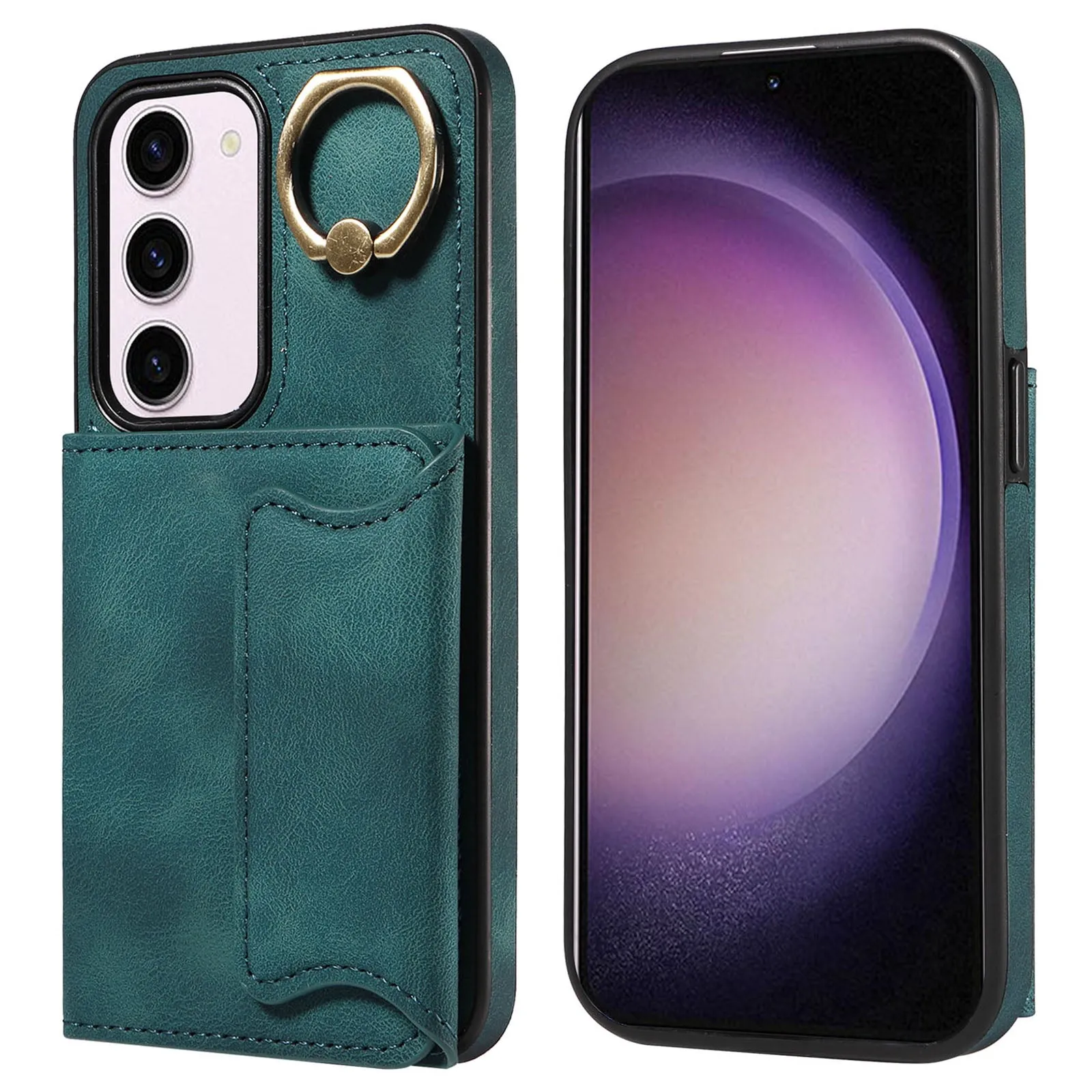 001 PU Leather TPU Back Cover for Samsung Galaxy S23 Ring Kickstand Phone Case with Card Holder
