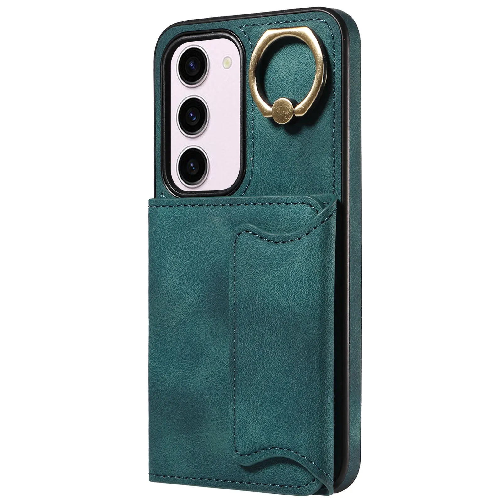 001 PU Leather TPU Back Cover for Samsung Galaxy S23 Ring Kickstand Phone Case with Card Holder