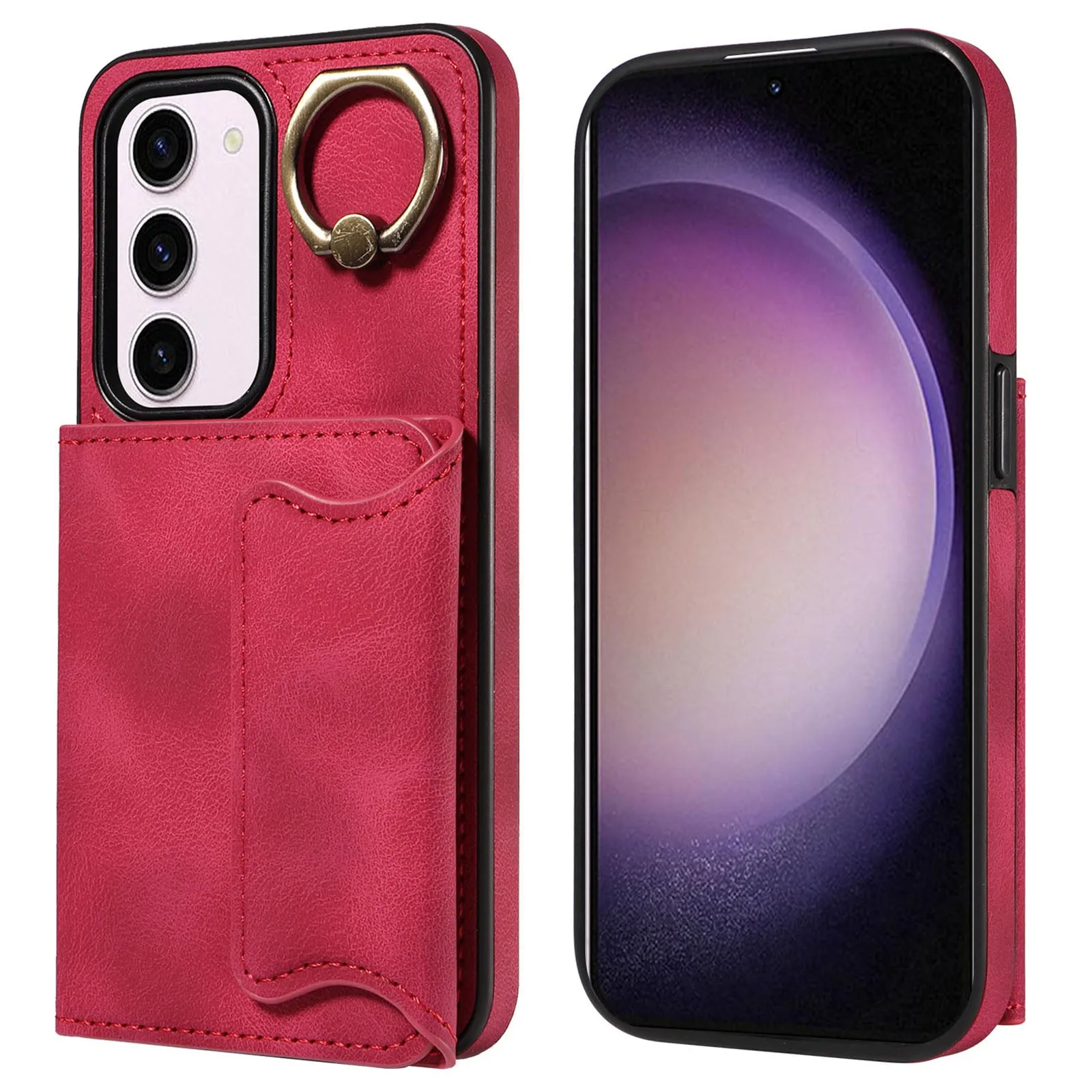 001 PU Leather TPU Back Cover for Samsung Galaxy S23 Ring Kickstand Phone Case with Card Holder