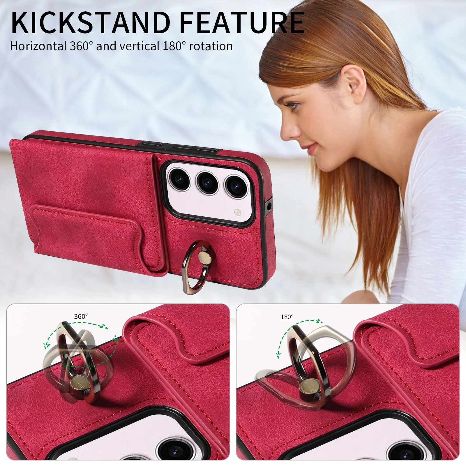 001 PU Leather TPU Back Cover for Samsung Galaxy S23 Ring Kickstand Phone Case with Card Holder