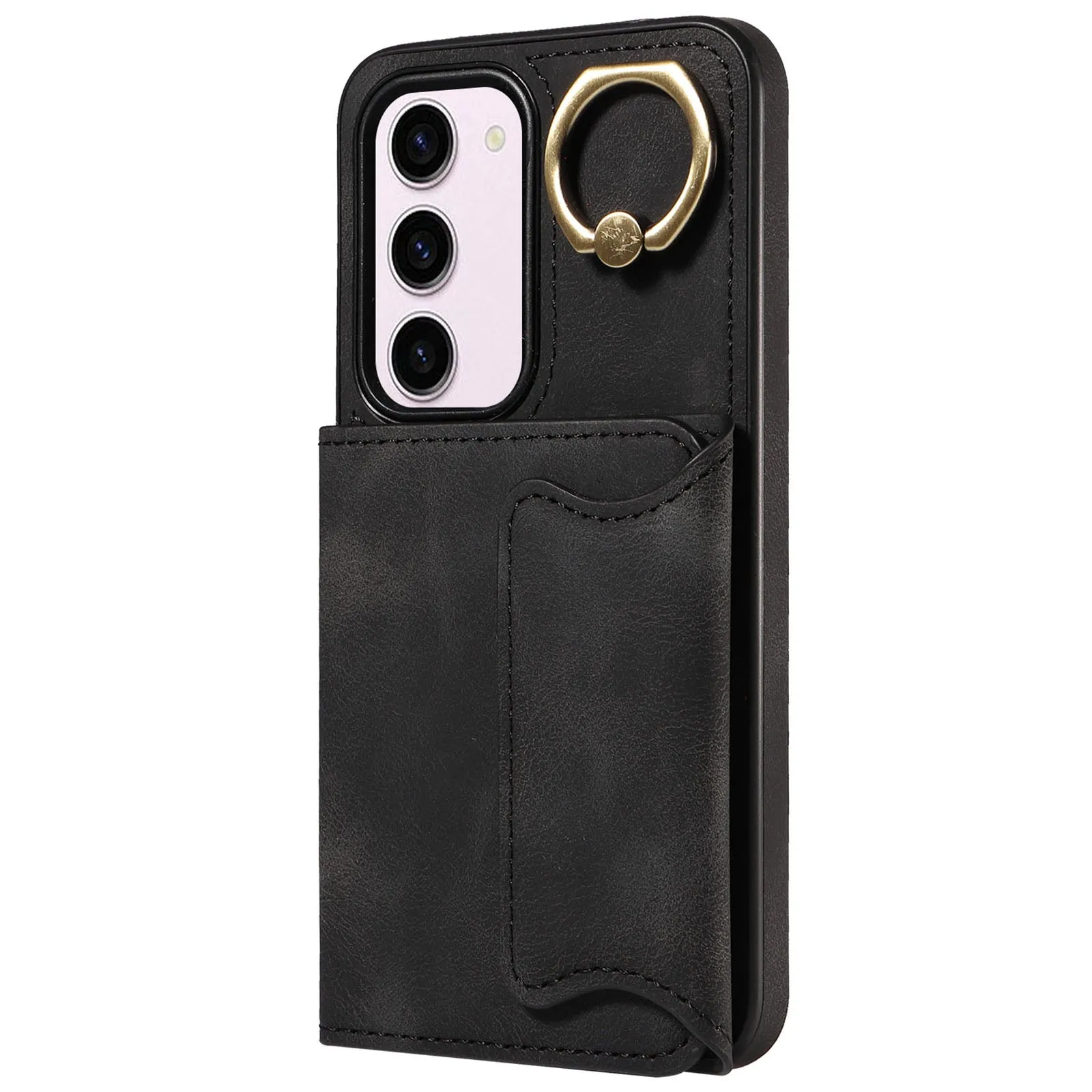 001 PU Leather TPU Back Cover for Samsung Galaxy S23 Ring Kickstand Phone Case with Card Holder