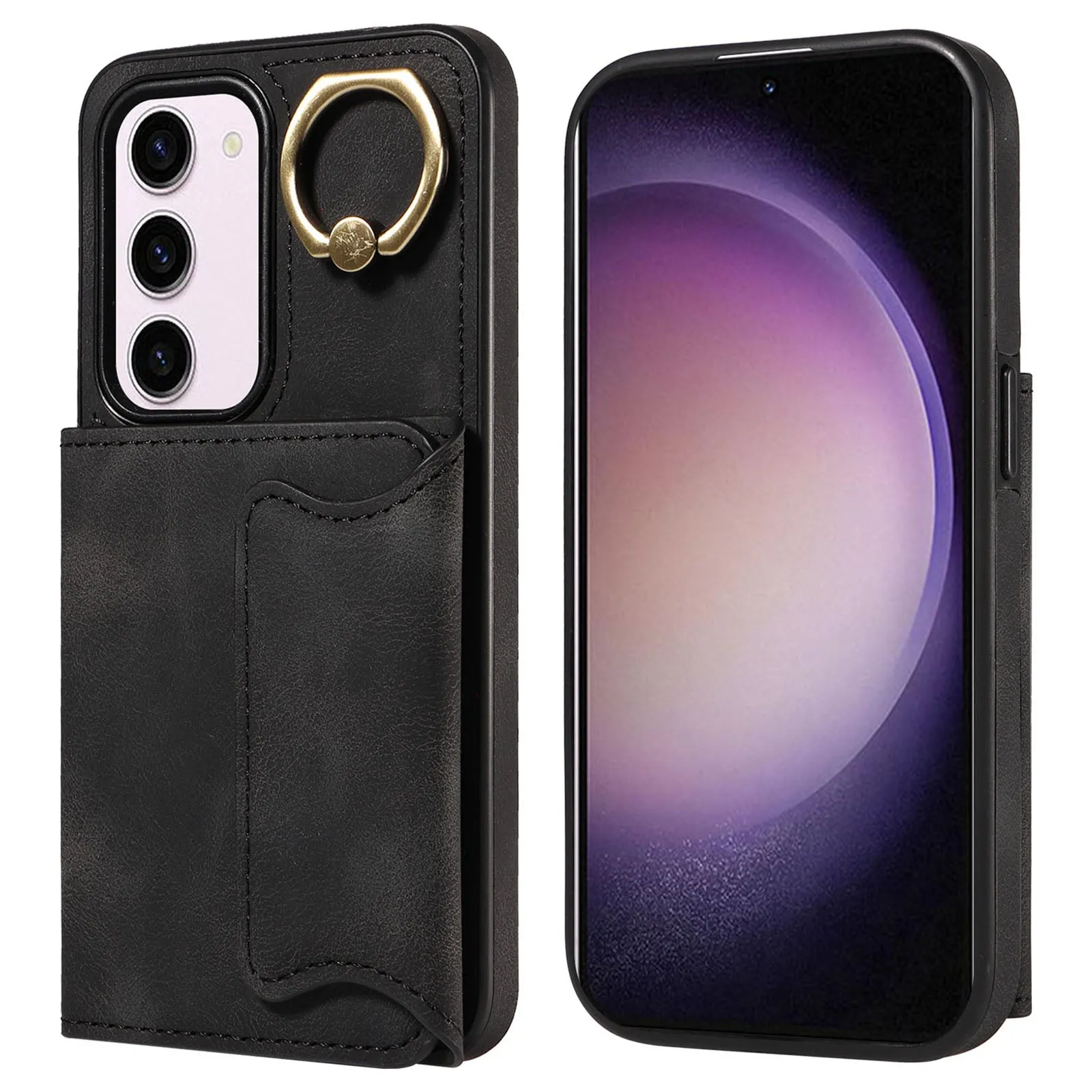 001 PU Leather TPU Back Cover for Samsung Galaxy S23 Ring Kickstand Phone Case with Card Holder