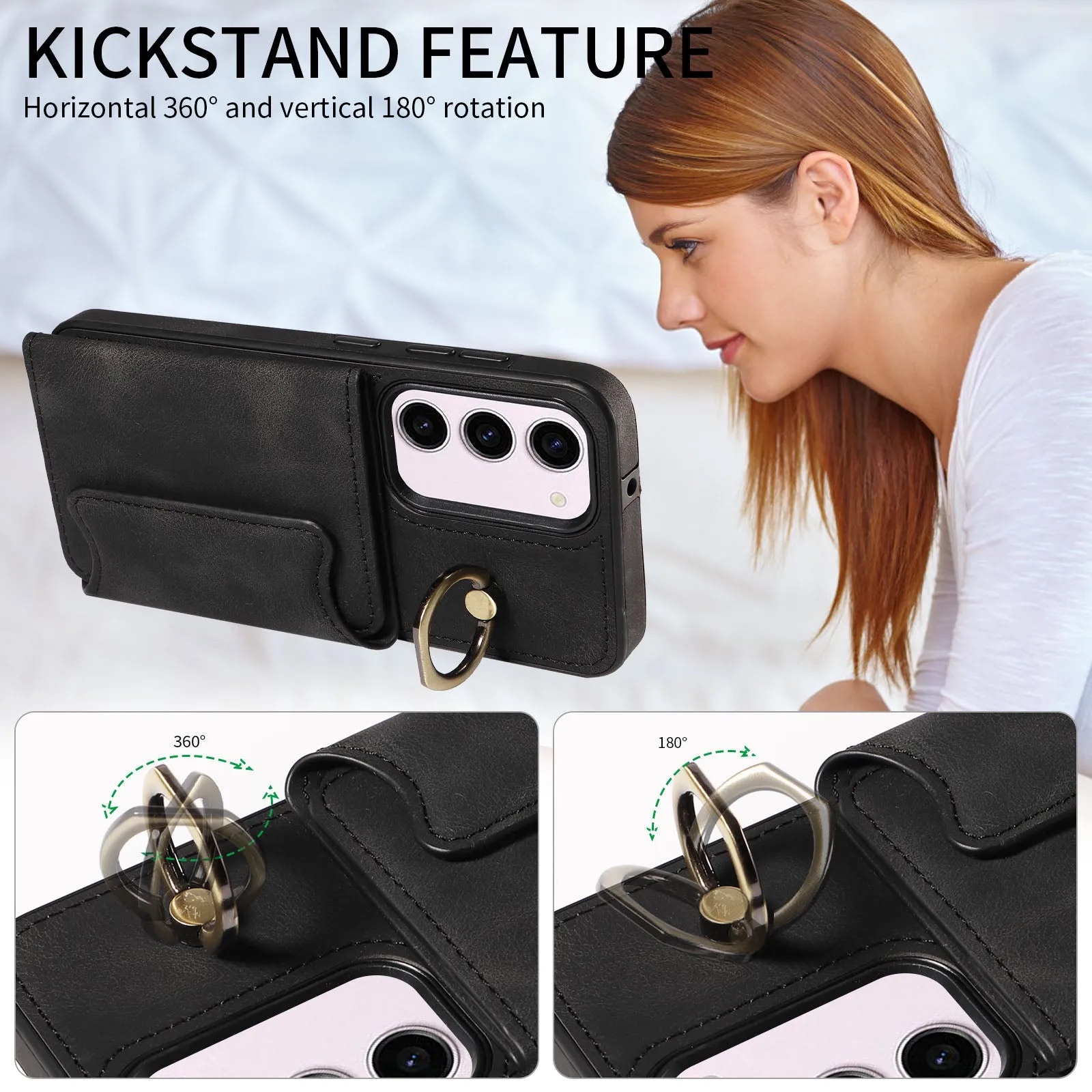 001 PU Leather TPU Back Cover for Samsung Galaxy S23 Ring Kickstand Phone Case with Card Holder