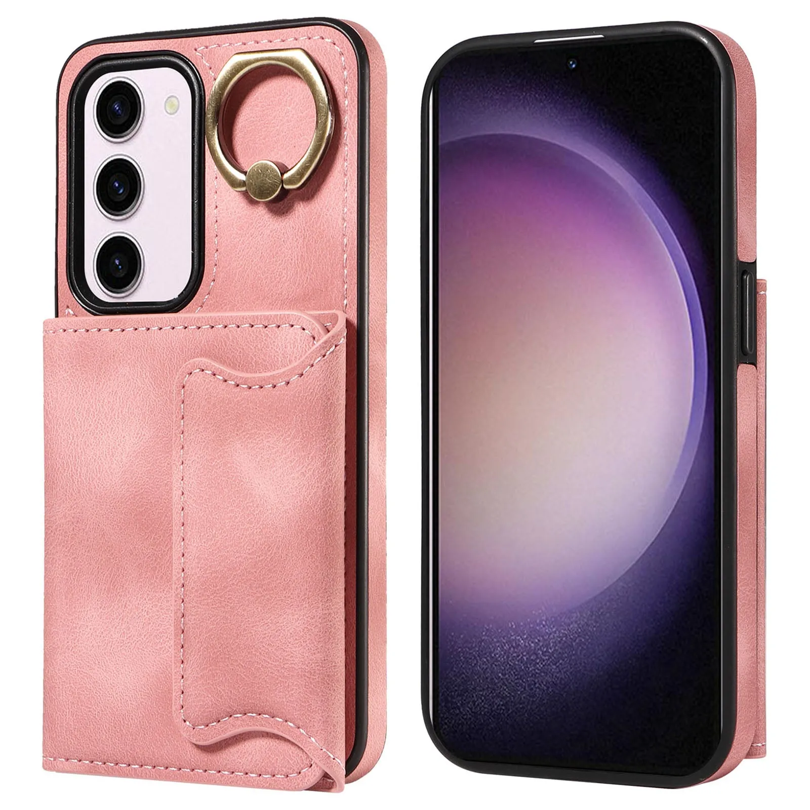 001 PU Leather TPU Back Cover for Samsung Galaxy S23 Ring Kickstand Phone Case with Card Holder