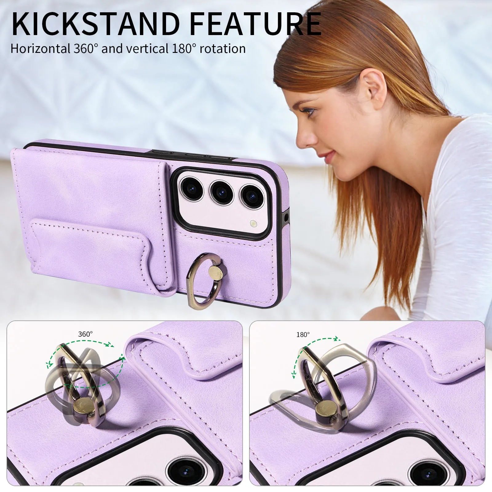 001 PU Leather TPU Back Cover for Samsung Galaxy S23 Ring Kickstand Phone Case with Card Holder