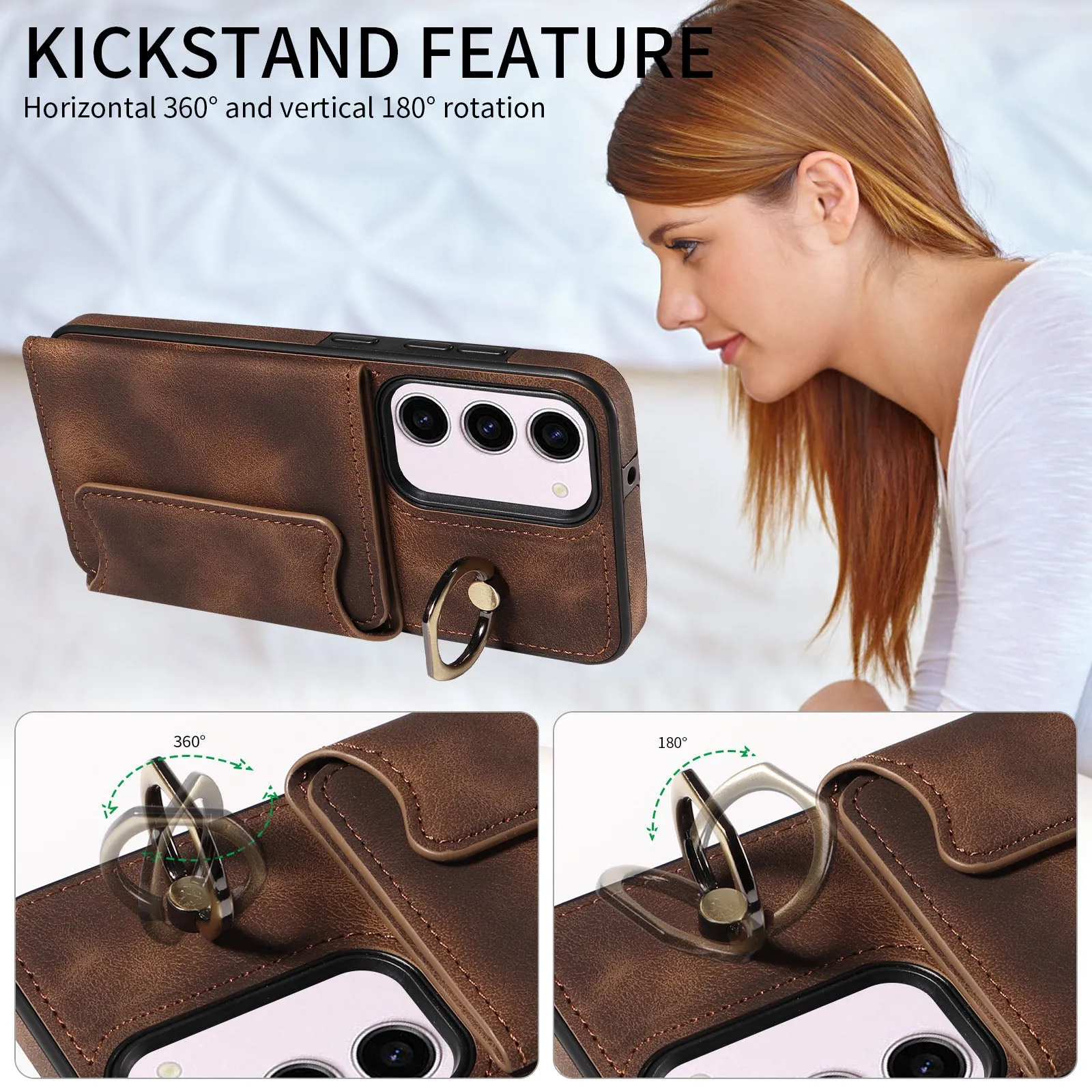 001 PU Leather TPU Back Cover for Samsung Galaxy S23 Ring Kickstand Phone Case with Card Holder
