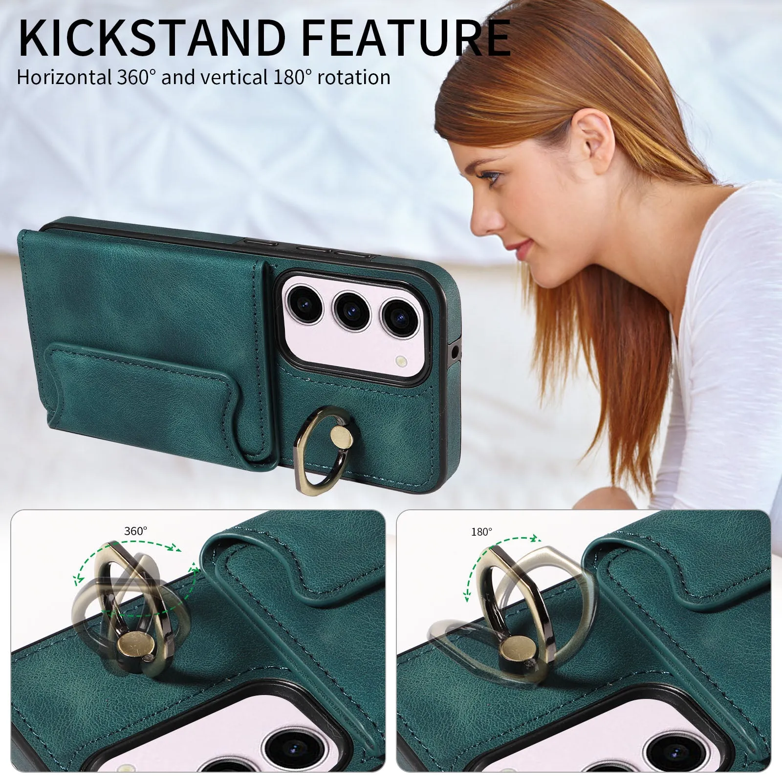 001 PU Leather TPU Back Cover for Samsung Galaxy S23 Ring Kickstand Phone Case with Card Holder