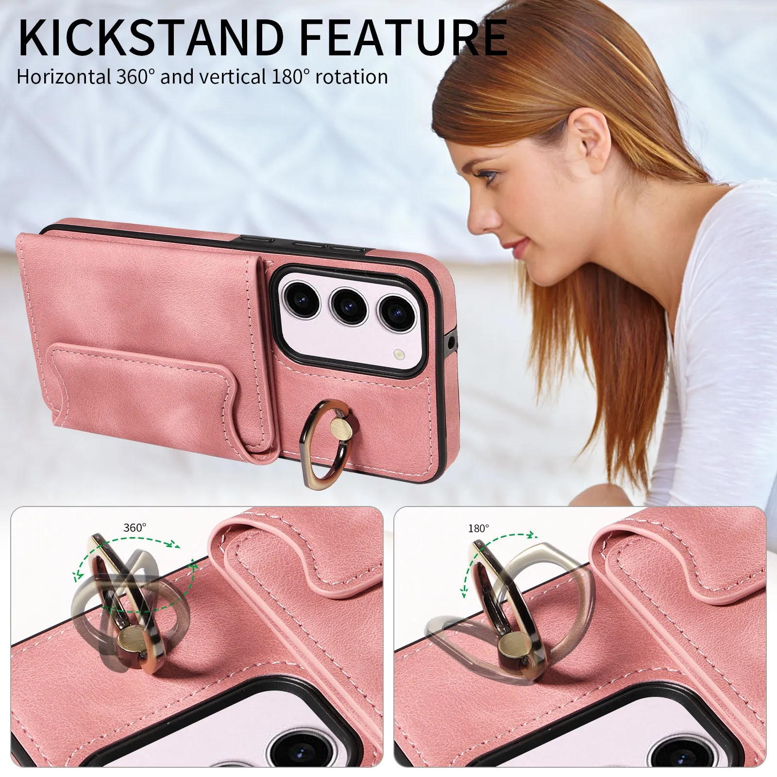 001 PU Leather TPU Back Cover for Samsung Galaxy S23 Ring Kickstand Phone Case with Card Holder