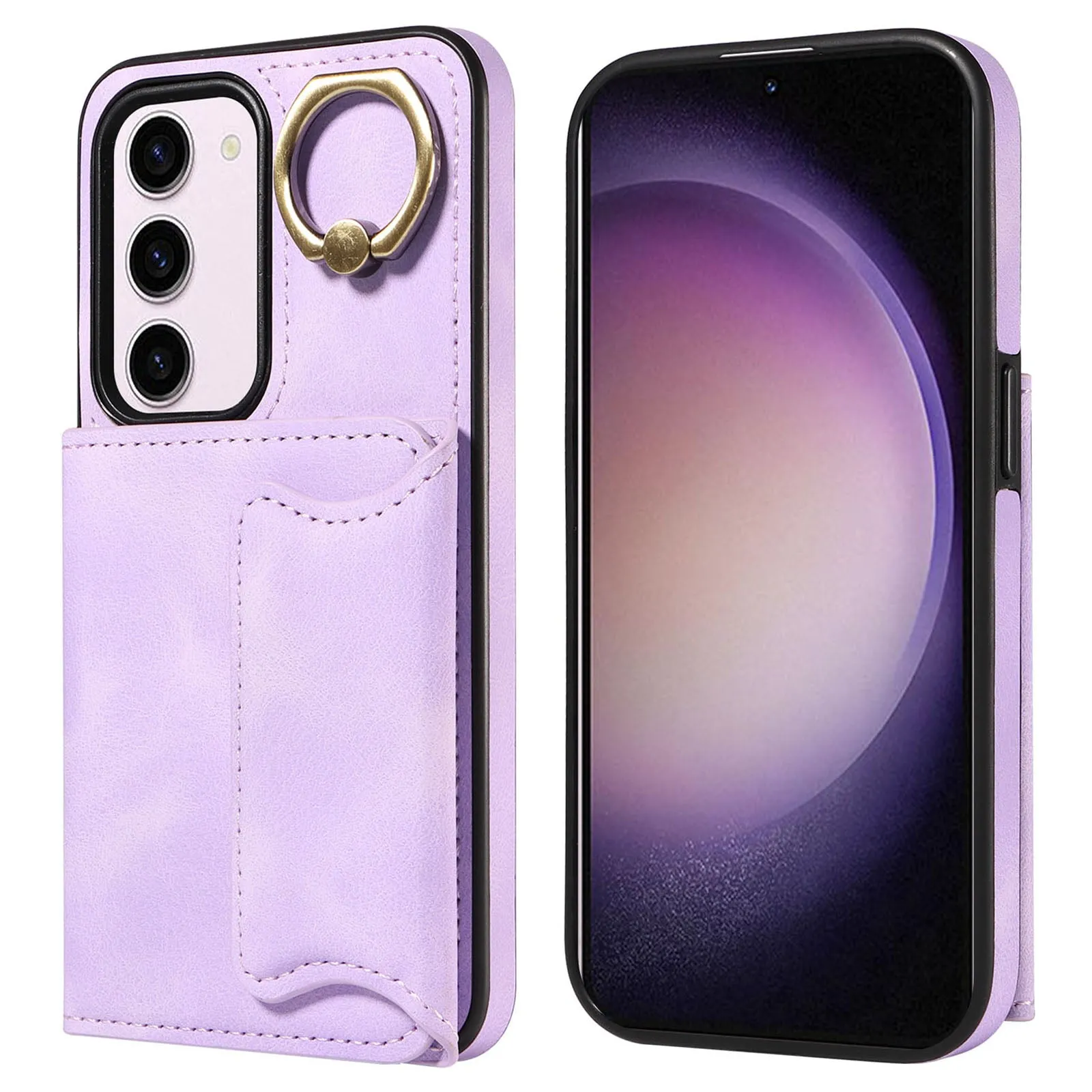 001 PU Leather TPU Back Cover for Samsung Galaxy S23 Ring Kickstand Phone Case with Card Holder