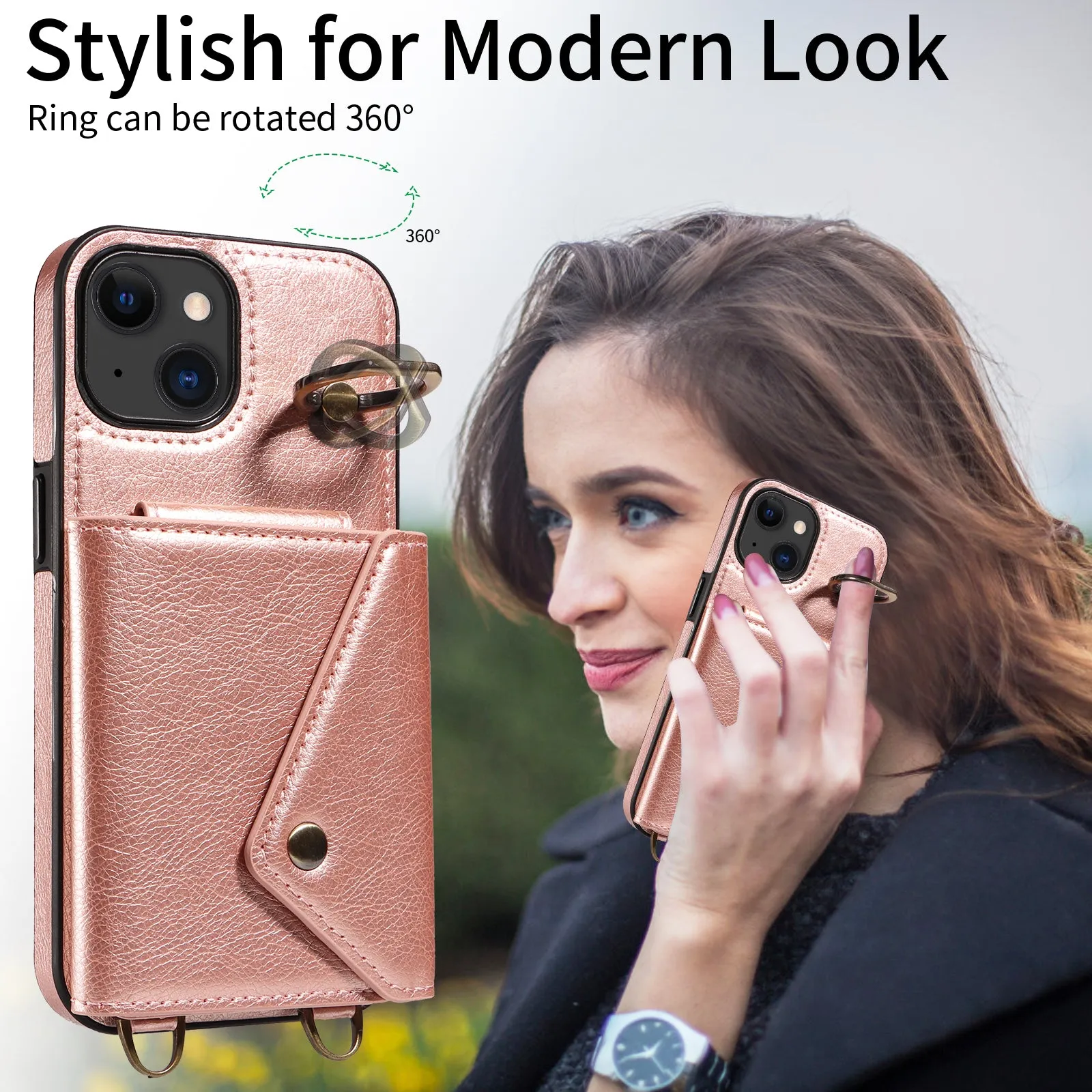 002 Anti-Drop Phone Shell for iPhone 15 Ring Kickstand Phone Case Litchi Texture PU TPU Cover with Shoulder Strap