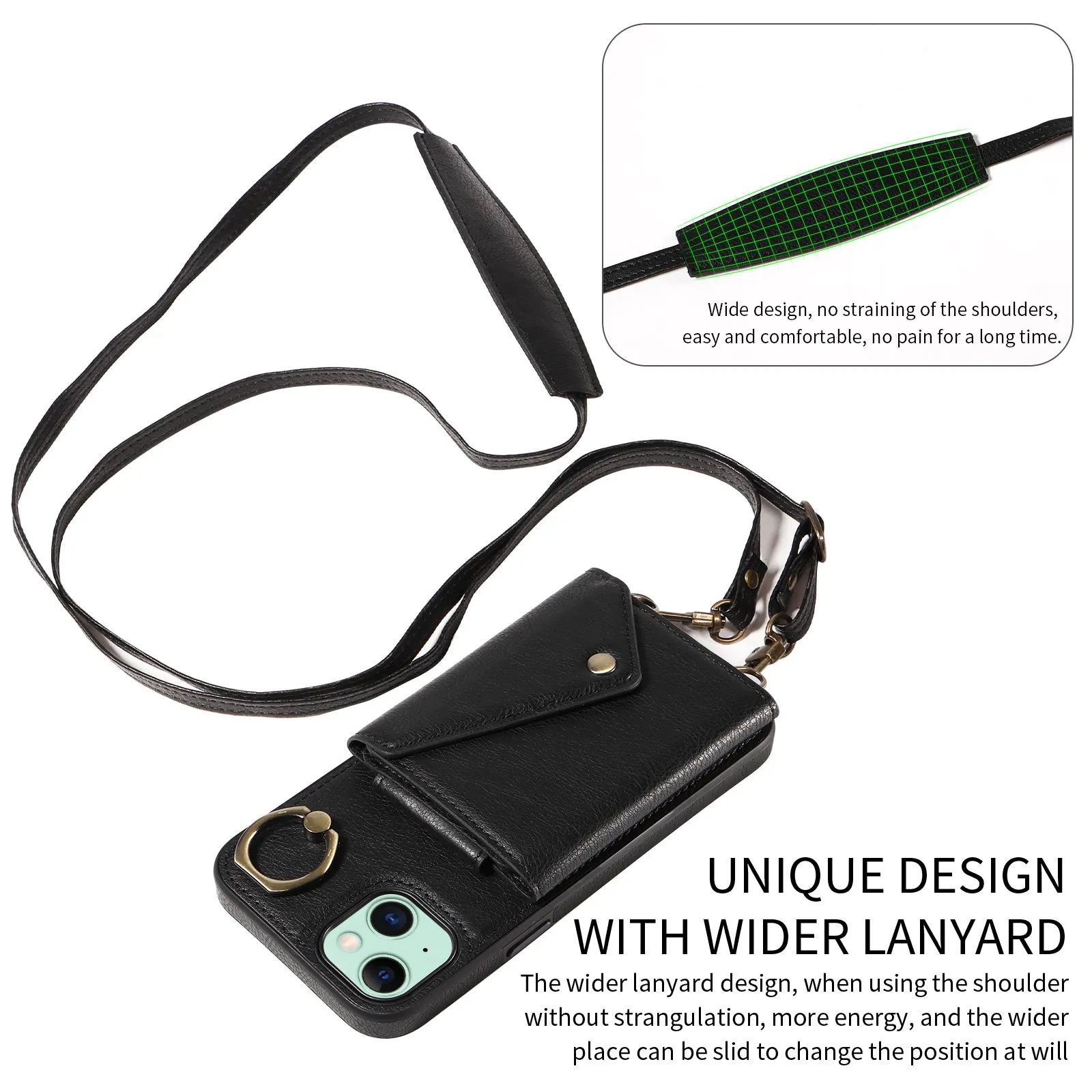 002 For iPhone 15 Plus Card Bag Design Ring Kickstand Cellphone Cover Litchi Texture Leather TPU Back Protector Case with Shoulder Strap