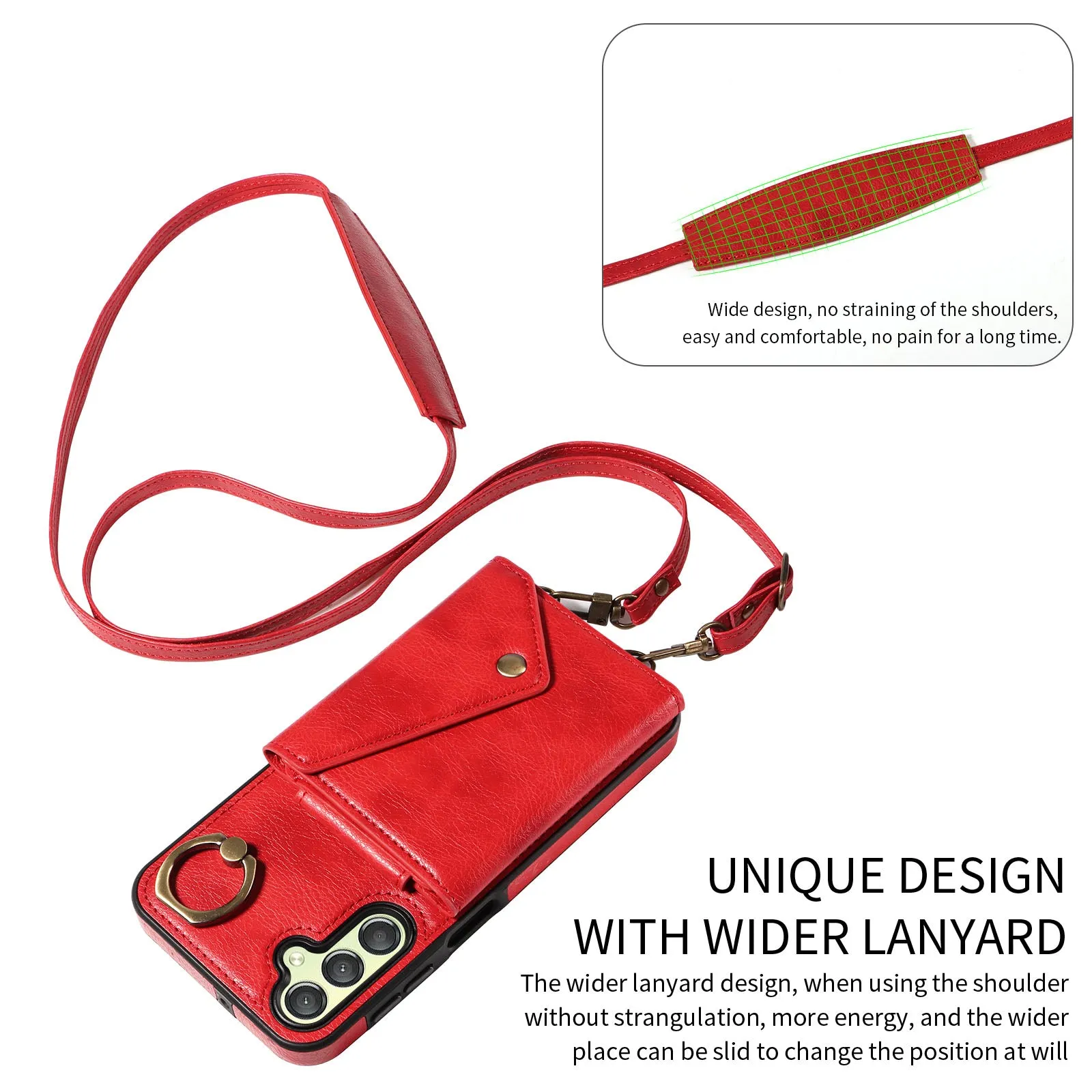 002 For Samsung Galaxy A24 4G / A25 5G Card Bag Ring Kickstand Shockproof Cover Litchi Texture Leather Coated TPU Phone Case with Shoulder Strap