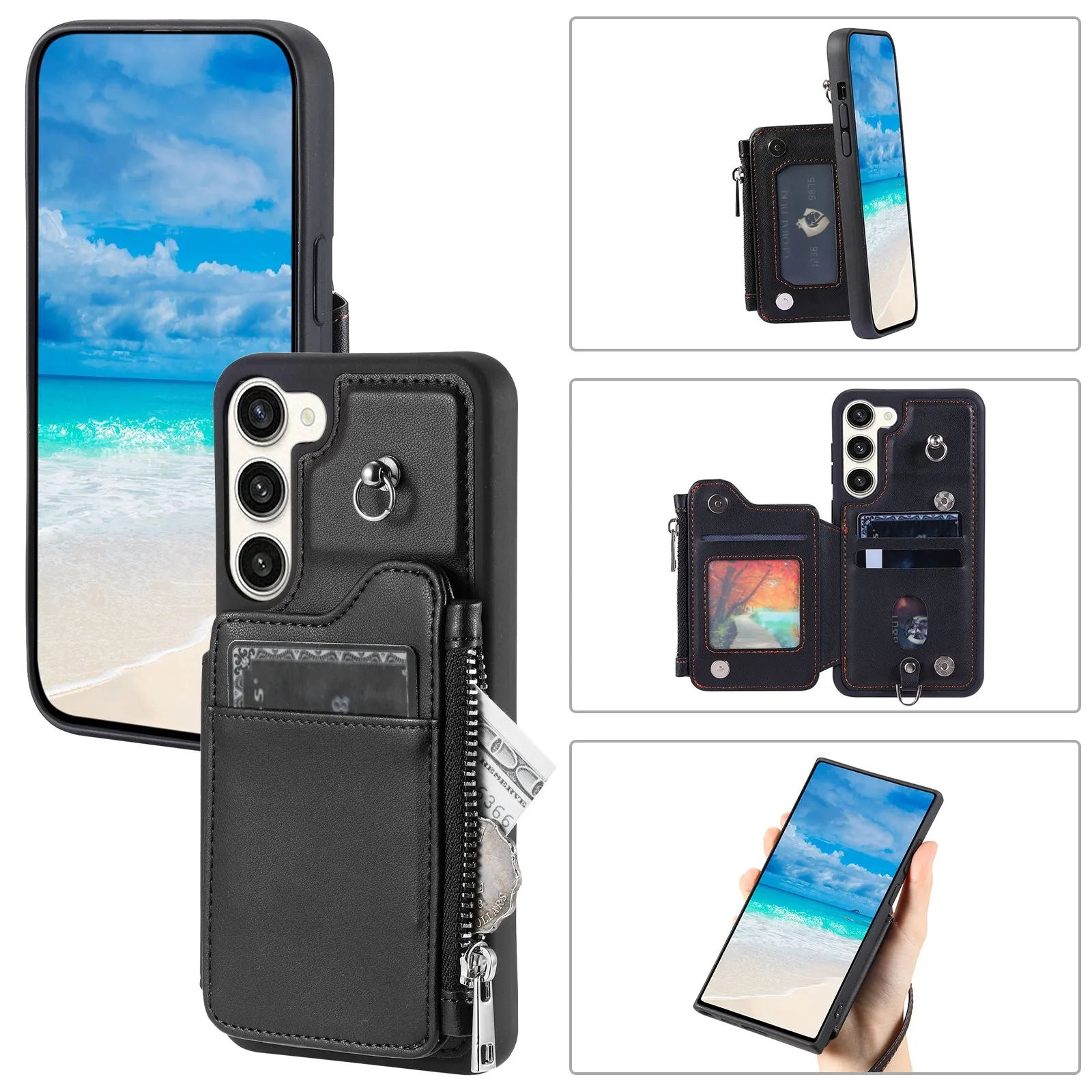 009 For Samsung Galaxy S23  PU Leather Coated TPU Phone Case RFID Blocking Zipper Wallet Kickstand Cover with Wrist Strap