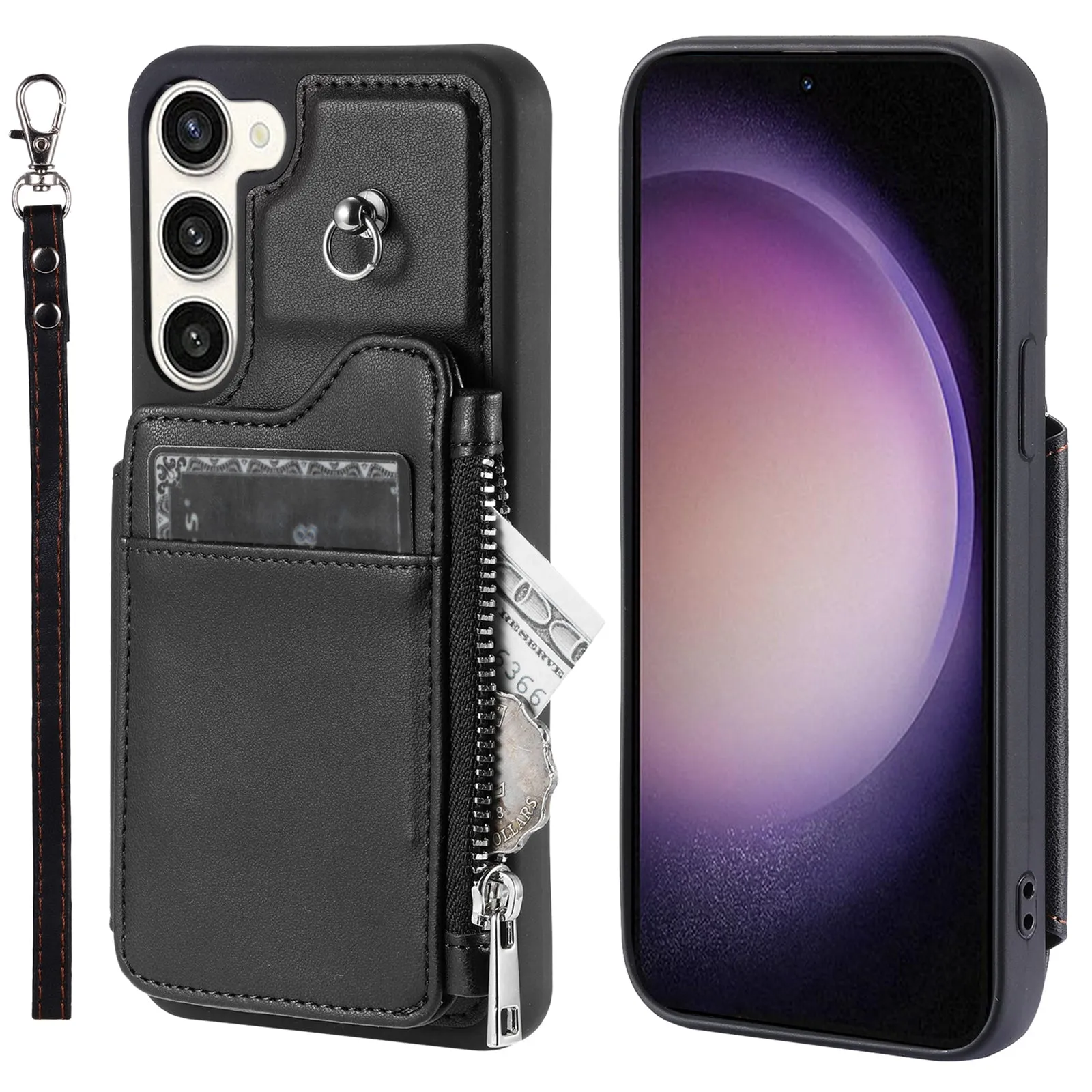 009 For Samsung Galaxy S23  PU Leather Coated TPU Phone Case RFID Blocking Zipper Wallet Kickstand Cover with Wrist Strap