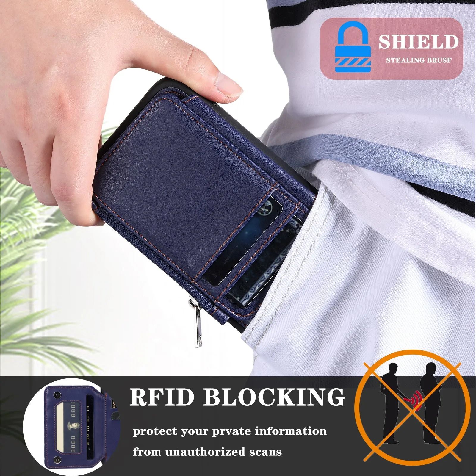 009 Shockproof Phone Case for Samsung Galaxy A53 5G , RFID Blocking PU TPU Cover Kickstand Zipper Wallet Shell with Strap