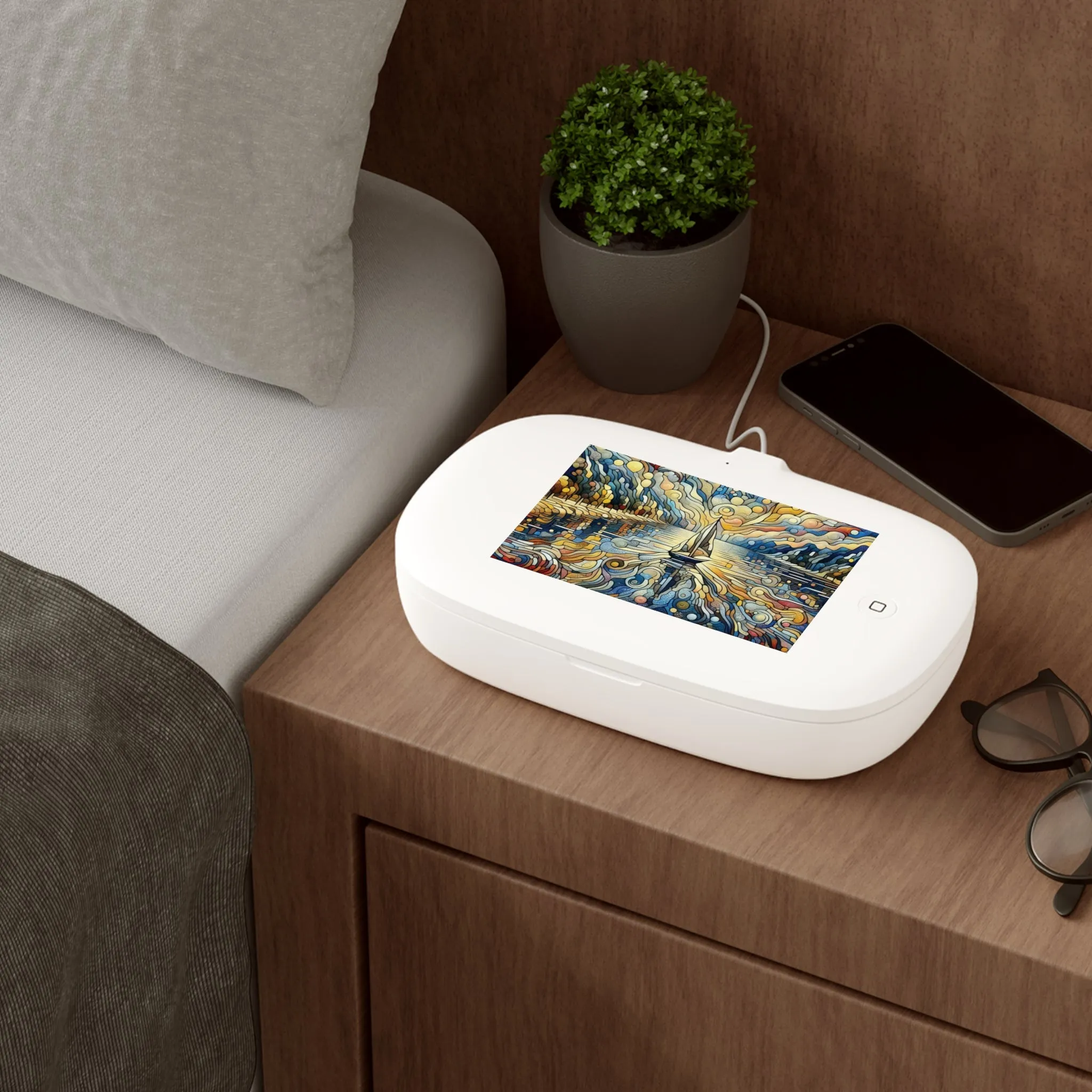 A boat in a stream is colorful UV Phone Sanitizer and Wireless Charging Pad
