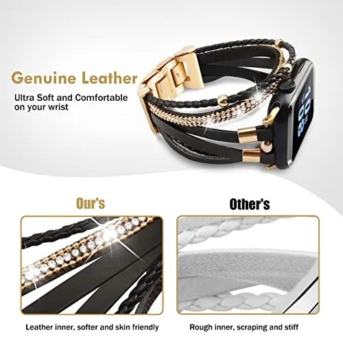 ACEDAX Bracelet Work for Apple Watch Bands 40mm Women, Boho Chic Leather Strap Compatible for apple watch band 38mm/41mm with Gold Metal Buckle, Multilayer Wrap for iWatch Series 8 7 6 SE 5 4 3 Black