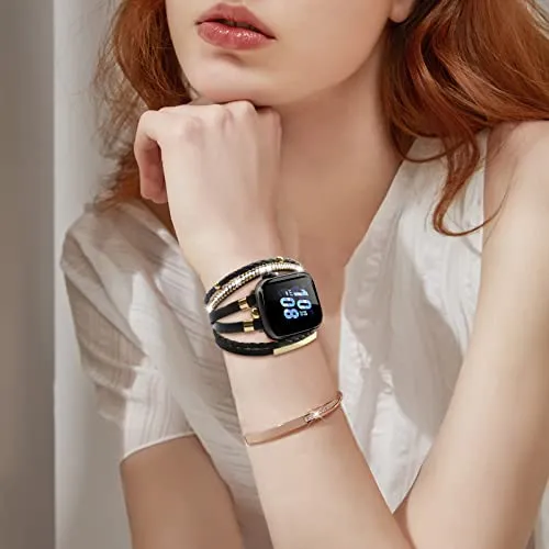 ACEDAX Bracelet Work for Apple Watch Bands 40mm Women, Boho Chic Leather Strap Compatible for apple watch band 38mm/41mm with Gold Metal Buckle, Multilayer Wrap for iWatch Series 8 7 6 SE 5 4 3 Black