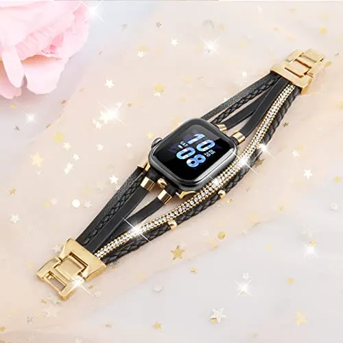 ACEDAX Bracelet Work for Apple Watch Bands 40mm Women, Boho Chic Leather Strap Compatible for apple watch band 38mm/41mm with Gold Metal Buckle, Multilayer Wrap for iWatch Series 8 7 6 SE 5 4 3 Black
