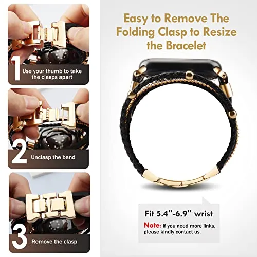 ACEDAX Bracelet Work for Apple Watch Bands 40mm Women, Boho Chic Leather Strap Compatible for apple watch band 38mm/41mm with Gold Metal Buckle, Multilayer Wrap for iWatch Series 8 7 6 SE 5 4 3 Black