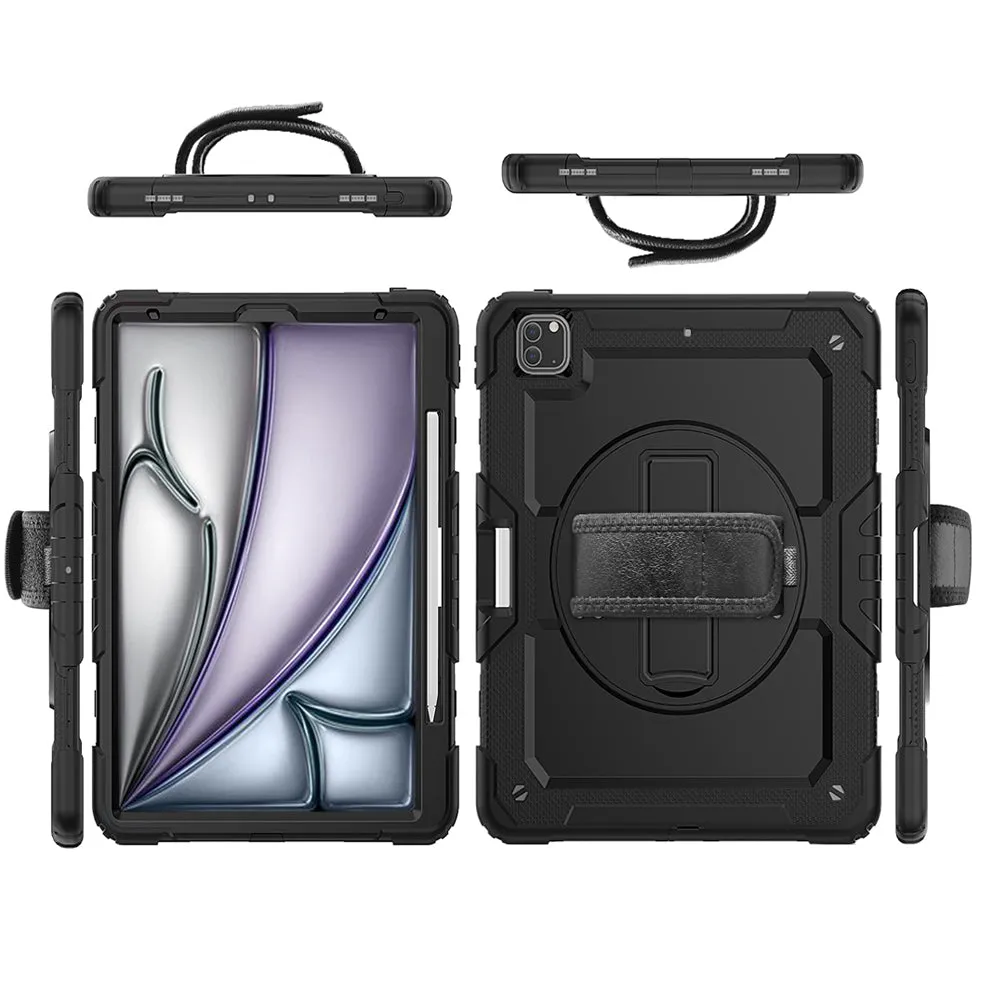 AMZER TUFFEN Multilayer Case with 360 Degree Rotating Kickstand with Shoulder Strap, Hand Grip, Pencil Holder for iPad Pro 13 inch M4 (2024) - Black