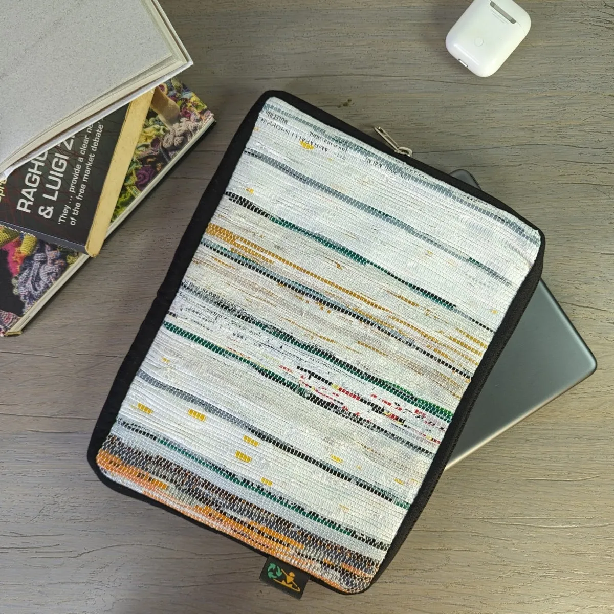 Black Green Thin lined on White Plastics Upcyled Handwoven Tablet Sleeve (TS0124-108)