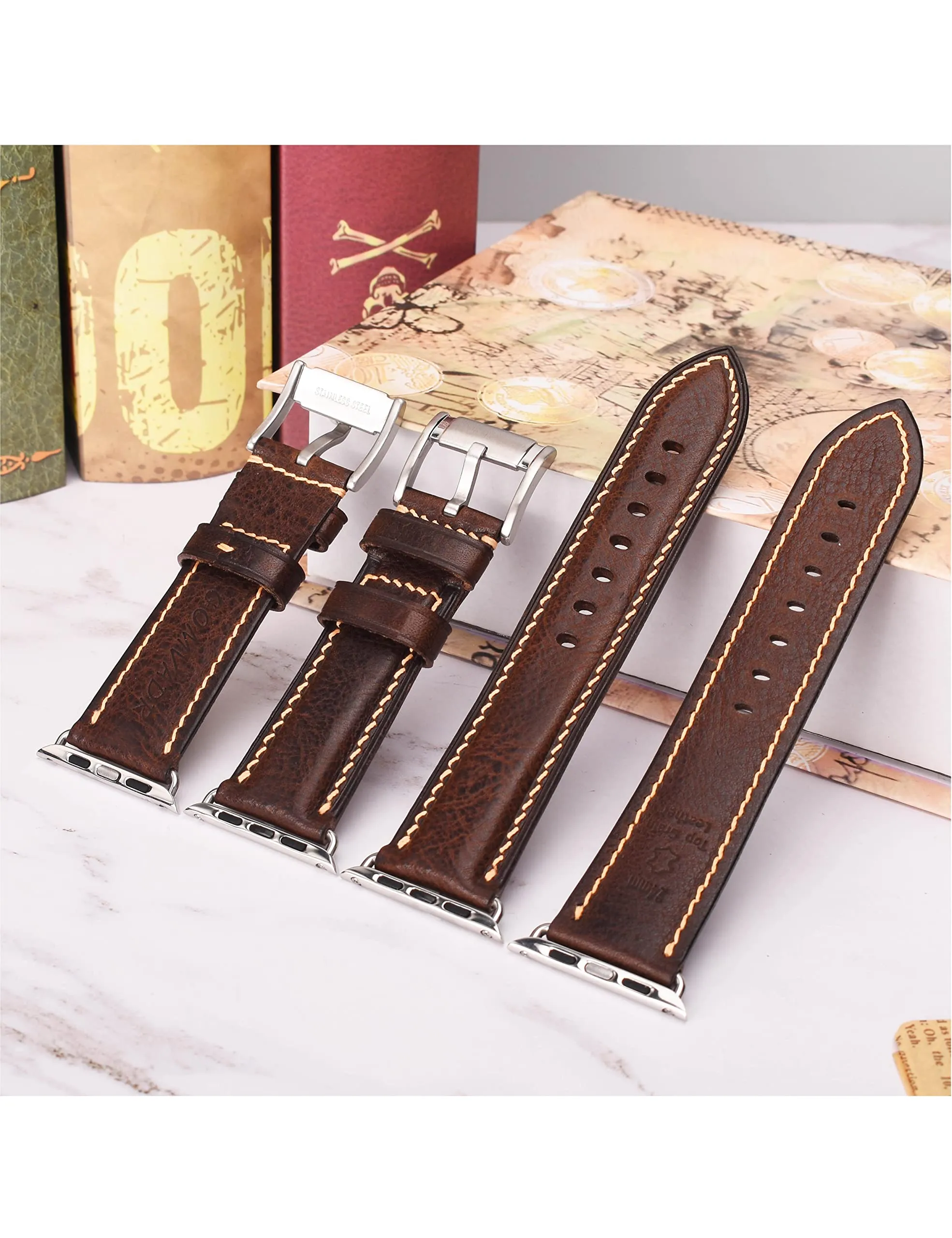 Gomvadr Handmade Leather Bands Compatible with Apple Watch Band Men Women, Vintage Leather Wristband Replacement Band Compatible with Apple Watch Series 9 8 7 6 5 4 3 2 1, SE