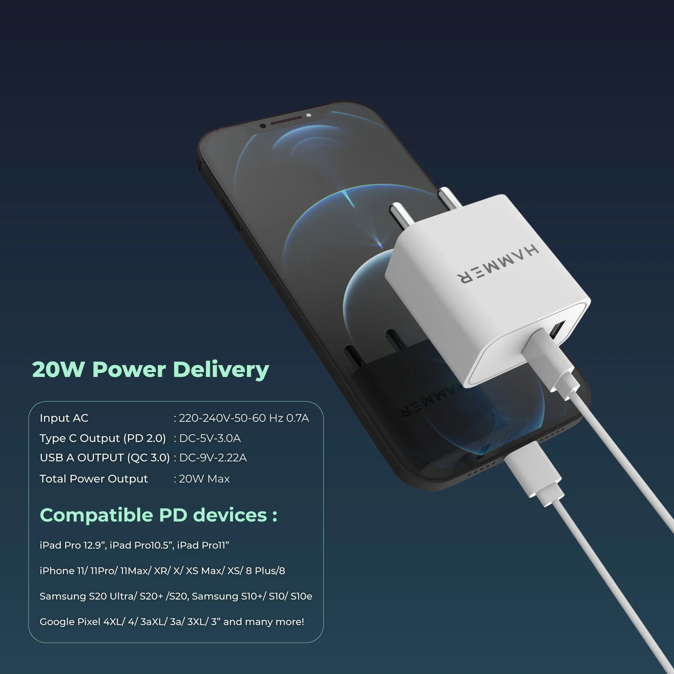 Hammer 20W Dual Port USB & Type C PD Fast Charger Adapter