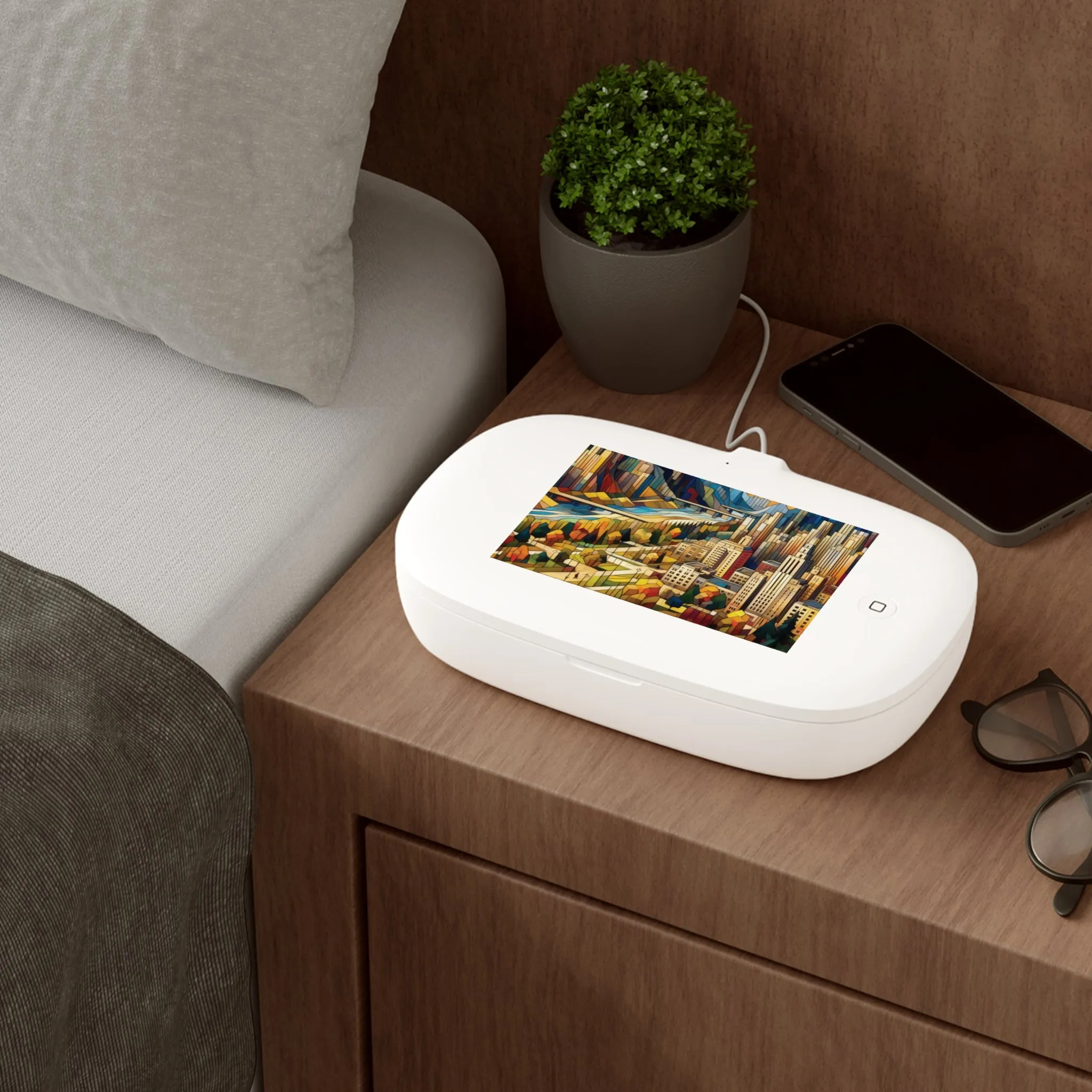 Modern cityscape UV Phone Sanitizer and Wireless Charging Pad