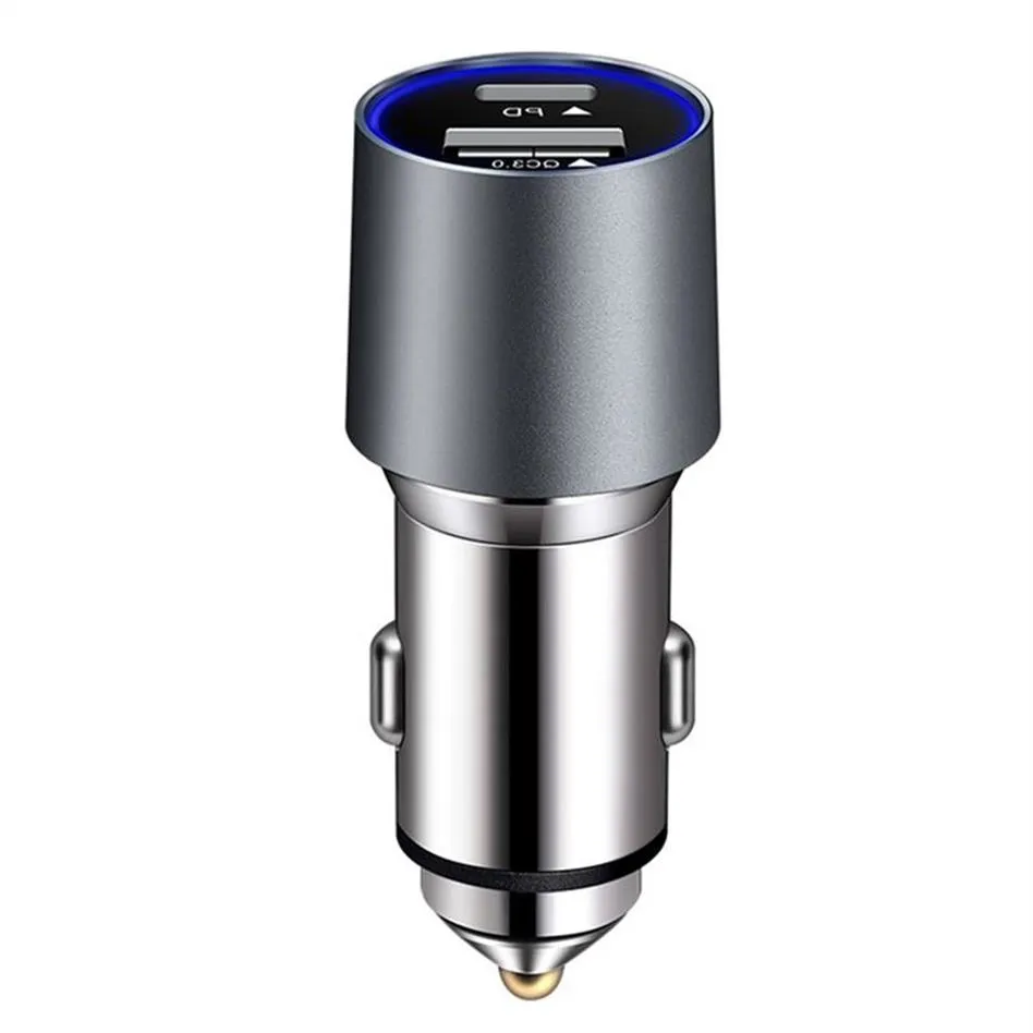 Portable Car Charger, USB QC3.0 PD Dual Fast Charger, Full Aluminum Alloy Shell, Durable and Fast Heat Dissipation silver