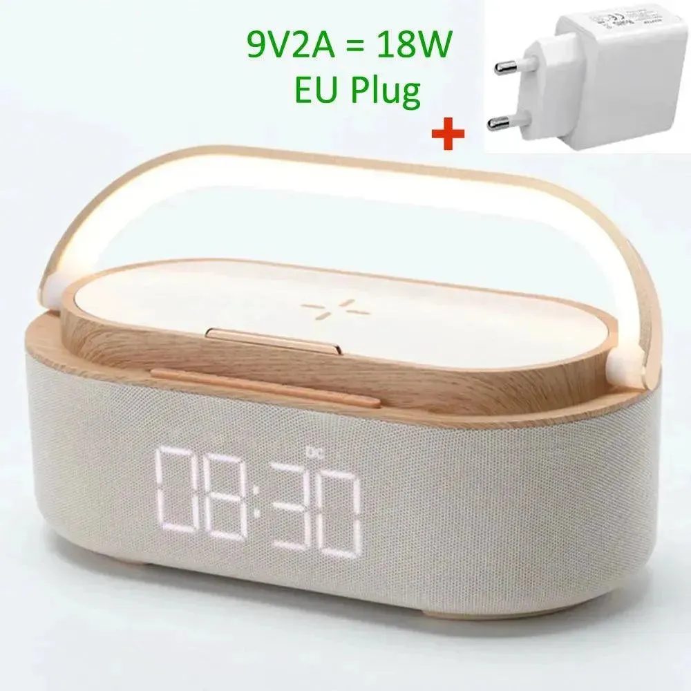 Rechargeable FM Radio LED Alarm Clock with 15W Wireless Charger,Bluetooth Speaker and Night Light Function. Gift Ideas for Decor