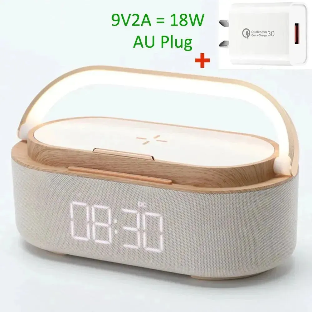 Rechargeable FM Radio LED Alarm Clock with 15W Wireless Charger,Bluetooth Speaker and Night Light Function. Gift Ideas for Decor