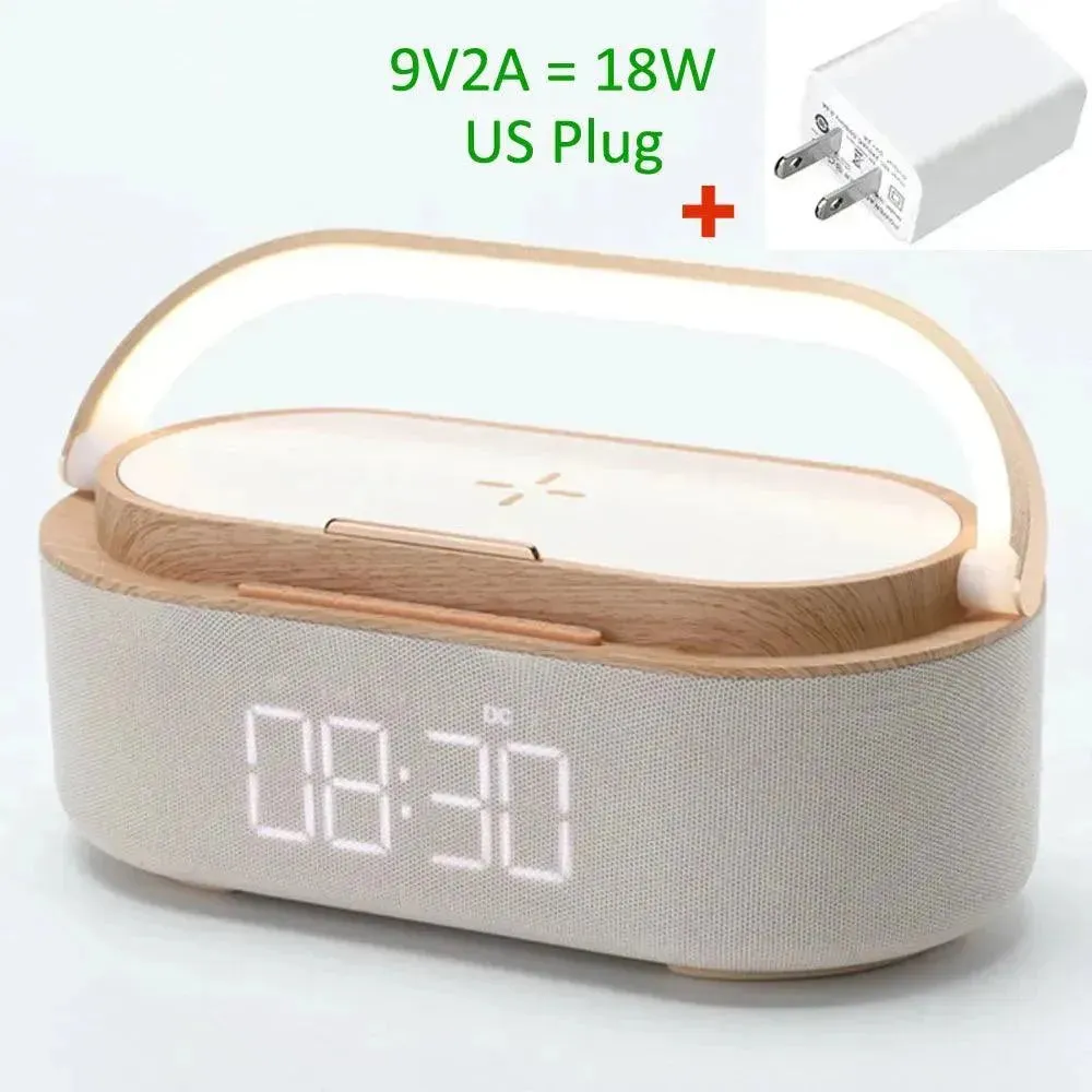 Rechargeable FM Radio LED Alarm Clock with 15W Wireless Charger,Bluetooth Speaker and Night Light Function. Gift Ideas for Decor