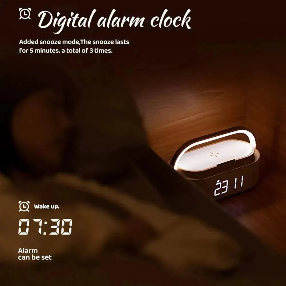 Rechargeable FM Radio LED Alarm Clock with 15W Wireless Charger,Bluetooth Speaker and Night Light Function. Gift Ideas for Decor