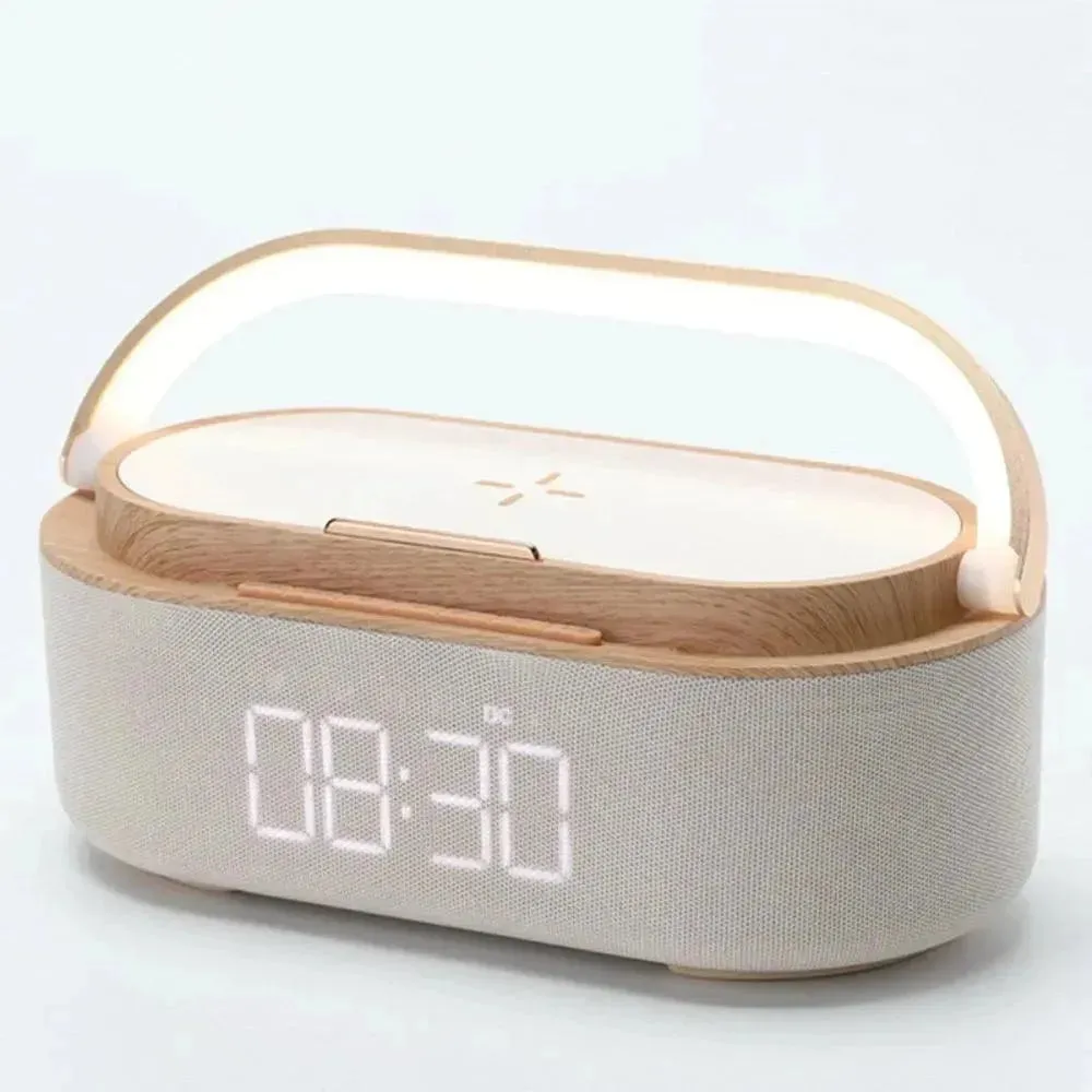 Rechargeable FM Radio LED Alarm Clock with 15W Wireless Charger,Bluetooth Speaker and Night Light Function. Gift Ideas for Decor