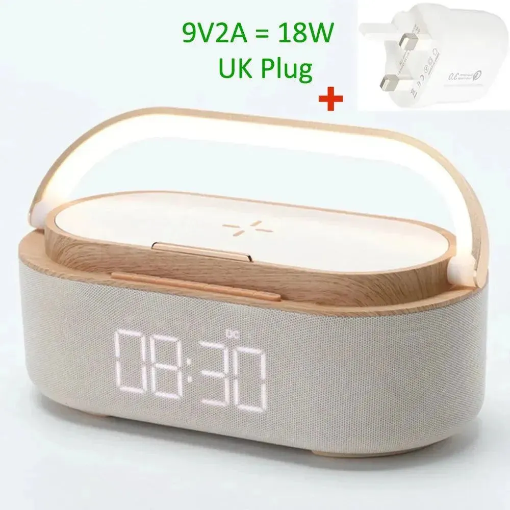 Rechargeable FM Radio LED Alarm Clock with 15W Wireless Charger,Bluetooth Speaker and Night Light Function. Gift Ideas for Decor