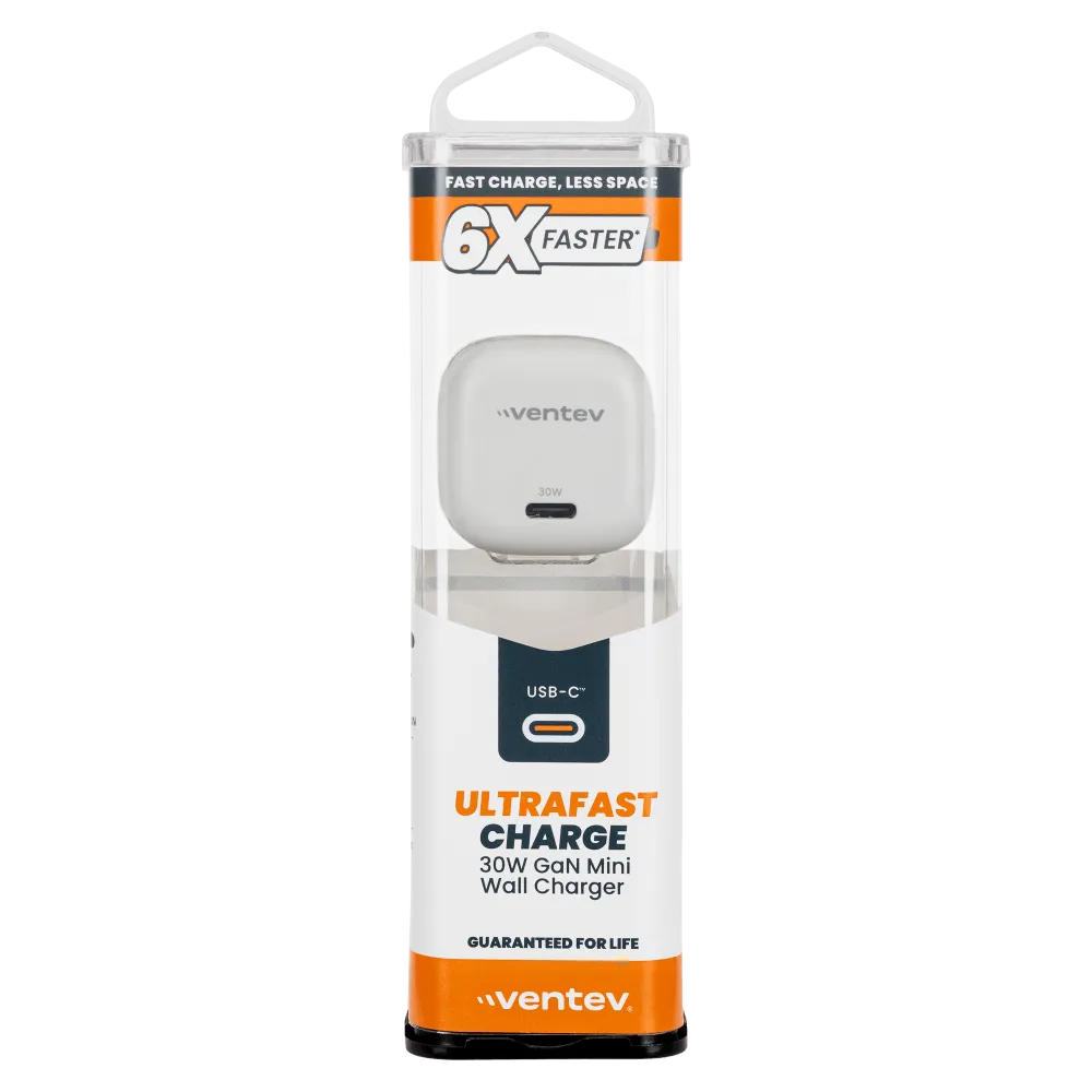Ventev 30W ULTRAFAST USB C Universal GaN Mini Wall Charger White by Ventev